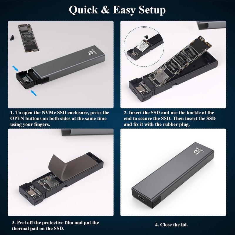 xiaobi M.2 NVMe SSD Enclosure, Tool-Free Installation, USB 3.2 Gen 2 (10 Gbps) to NVME M-Key/(B+M) Key PCIe NVMe Reader Support UASP and Trim, for SSDs 2230/2242 /2260/2280（Gery） - Image 4